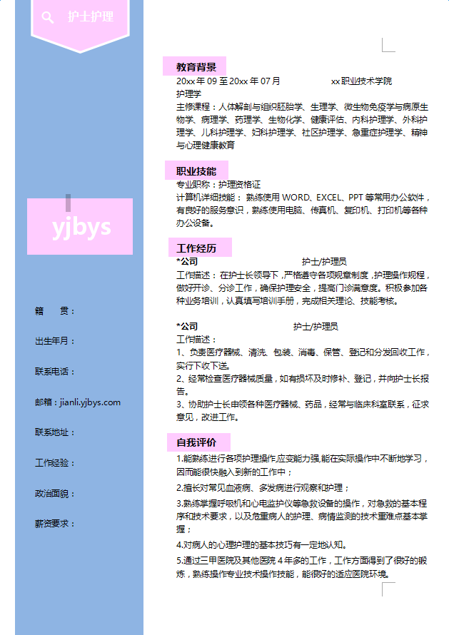 护士个人简历模板下载免费